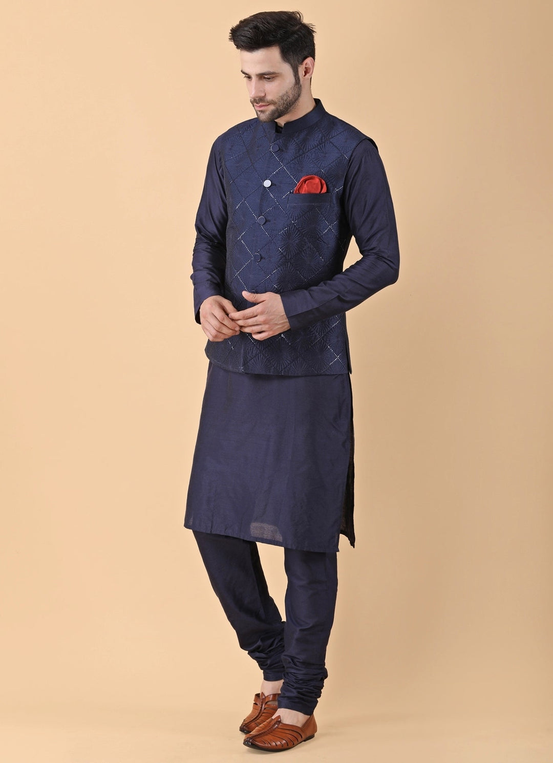 Navy Blue Kurta Pants Set with Jacket Manish Nagdeo Men - Fabilicious Fashion