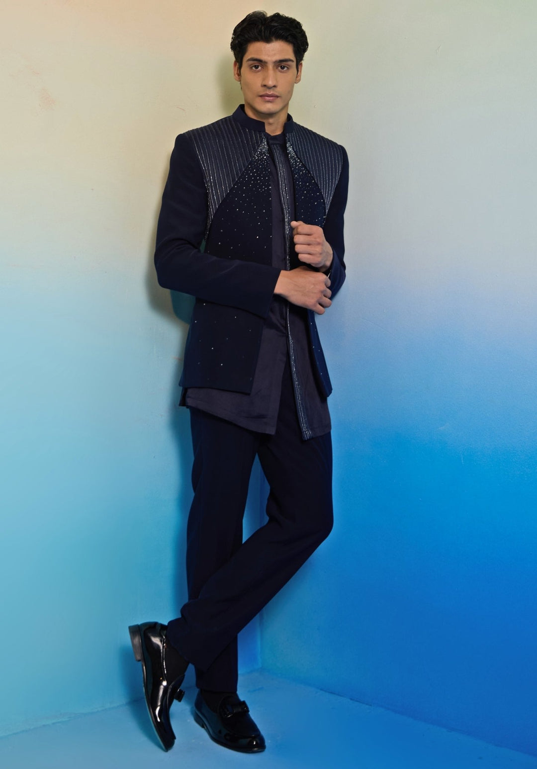 Navy Blue Long Jacket Set Contrast by Parth - Fabilicious Fashion