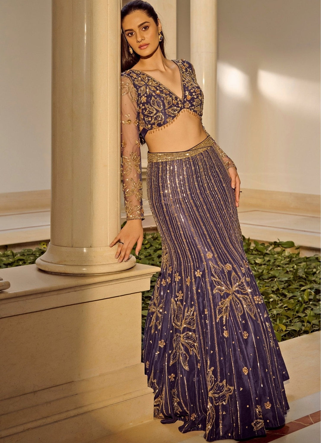 Navy Blue Mermaid Shimmer Lehenga Set Parul Gandhi - Fabilicious Fashion