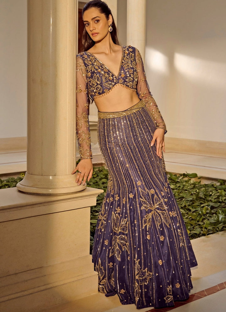 Navy Blue Mermaid Shimmer Lehenga Set Parul Gandhi - Fabilicious Fashion