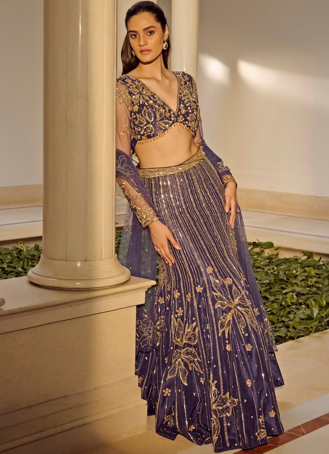 Navy Blue Mermaid Shimmer Lehenga Set Parul Gandhi - Fabilicious Fashion