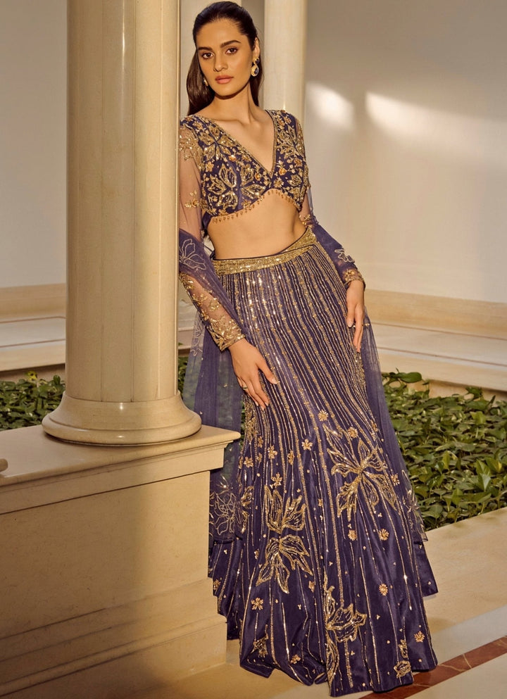 Navy Blue Mermaid Shimmer Lehenga Set Parul Gandhi - Fabilicious Fashion