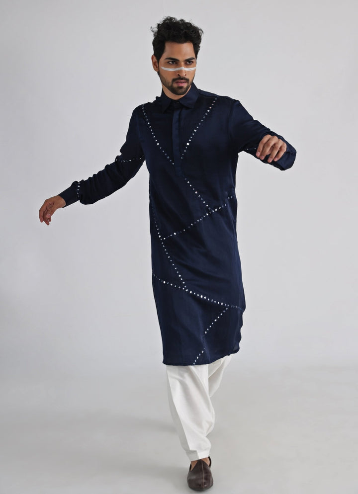 Navy Blue Mirror Embroidered Satin Kurta Pant Set Smriti - Fabilicious Fashion