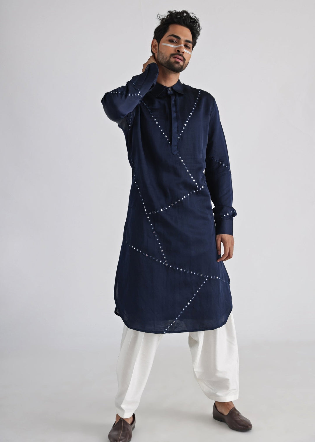 Navy Blue Mirror Embroidered Satin Kurta Pant Set Smriti - Fabilicious Fashion