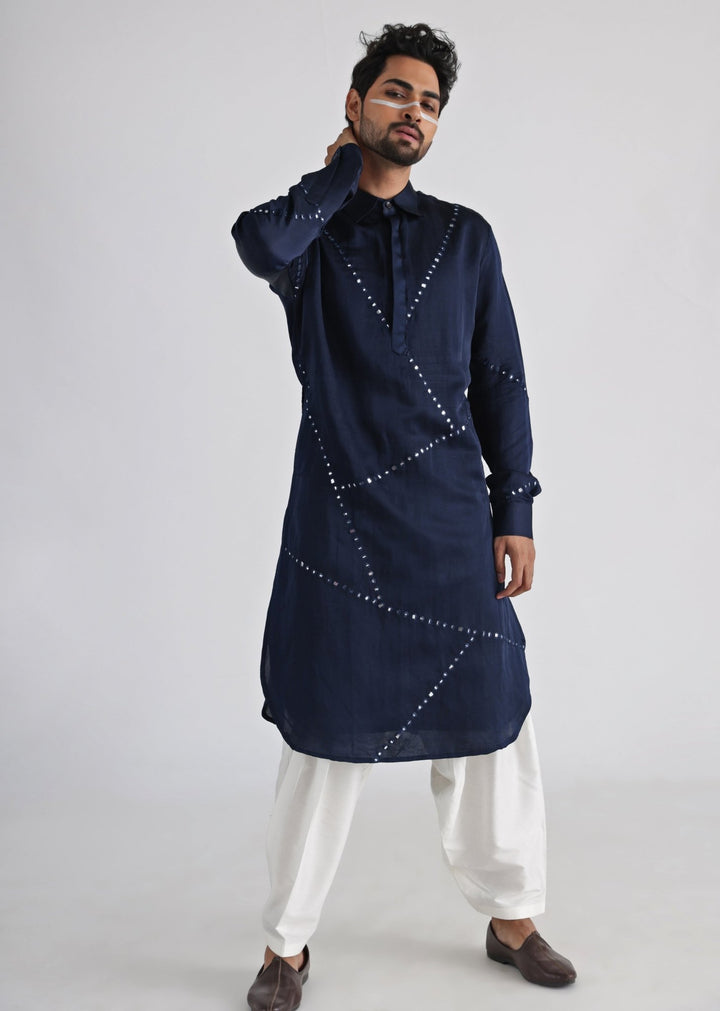 Navy Blue Mirror Embroidered Satin Kurta Pant Set Smriti - Fabilicious Fashion