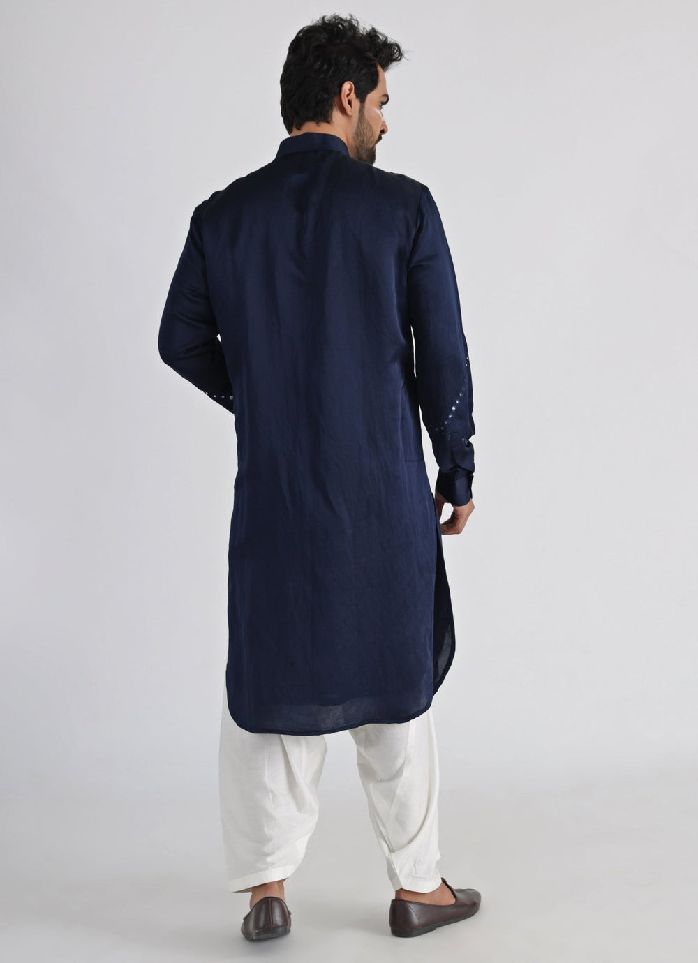 Navy Blue Mirror Embroidered Satin Kurta Pant Set Smriti - Fabilicious Fashion