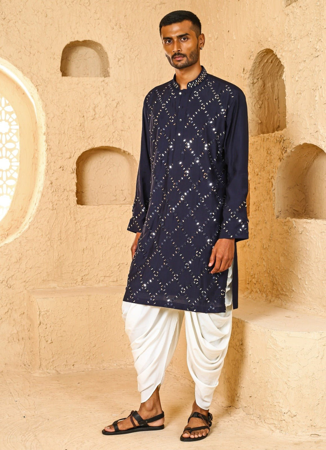 Navy Blue Mirror Embroidered Silk Blend Kurta Set Chatenya Mittal - Fabilicious Fashion