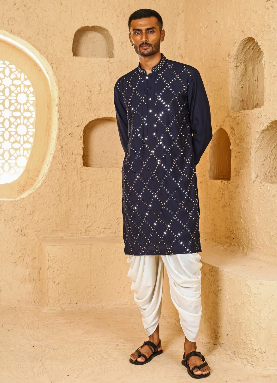 Navy Blue Mirror Embroidered Silk Blend Kurta Set Chatenya Mittal - Fabilicious Fashion