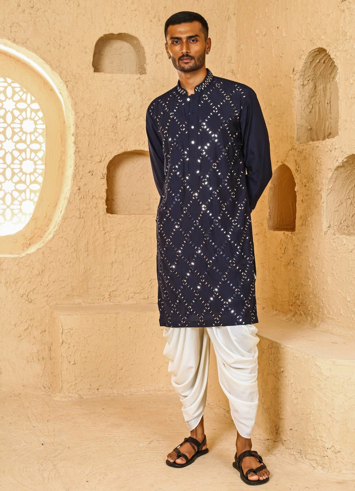 Navy Blue Mirror Embroidered Silk Blend Kurta Set Chatenya Mittal - Fabilicious Fashion