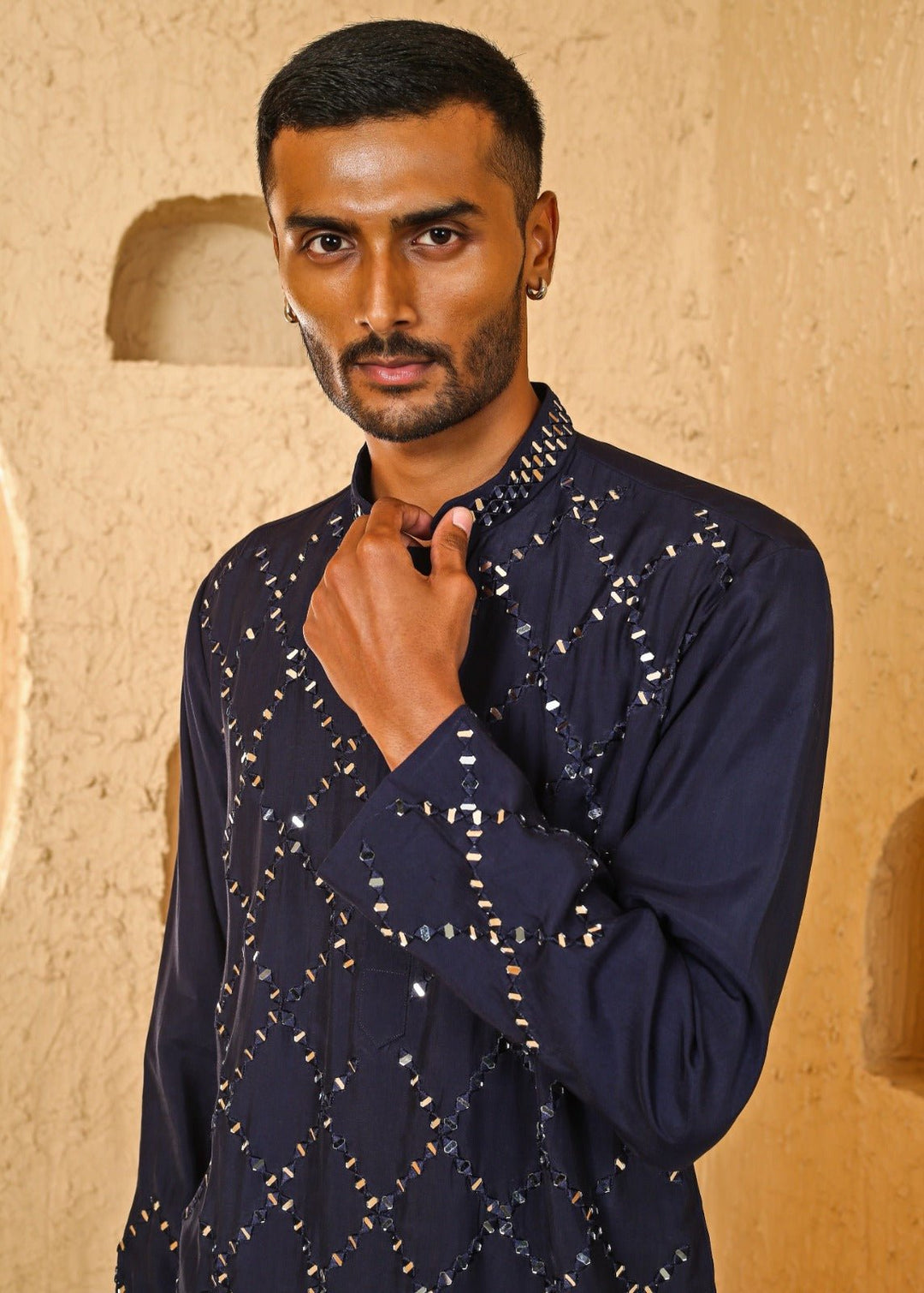 Navy Blue Mirror Embroidered Silk Blend Kurta Set Chatenya Mittal - Fabilicious Fashion