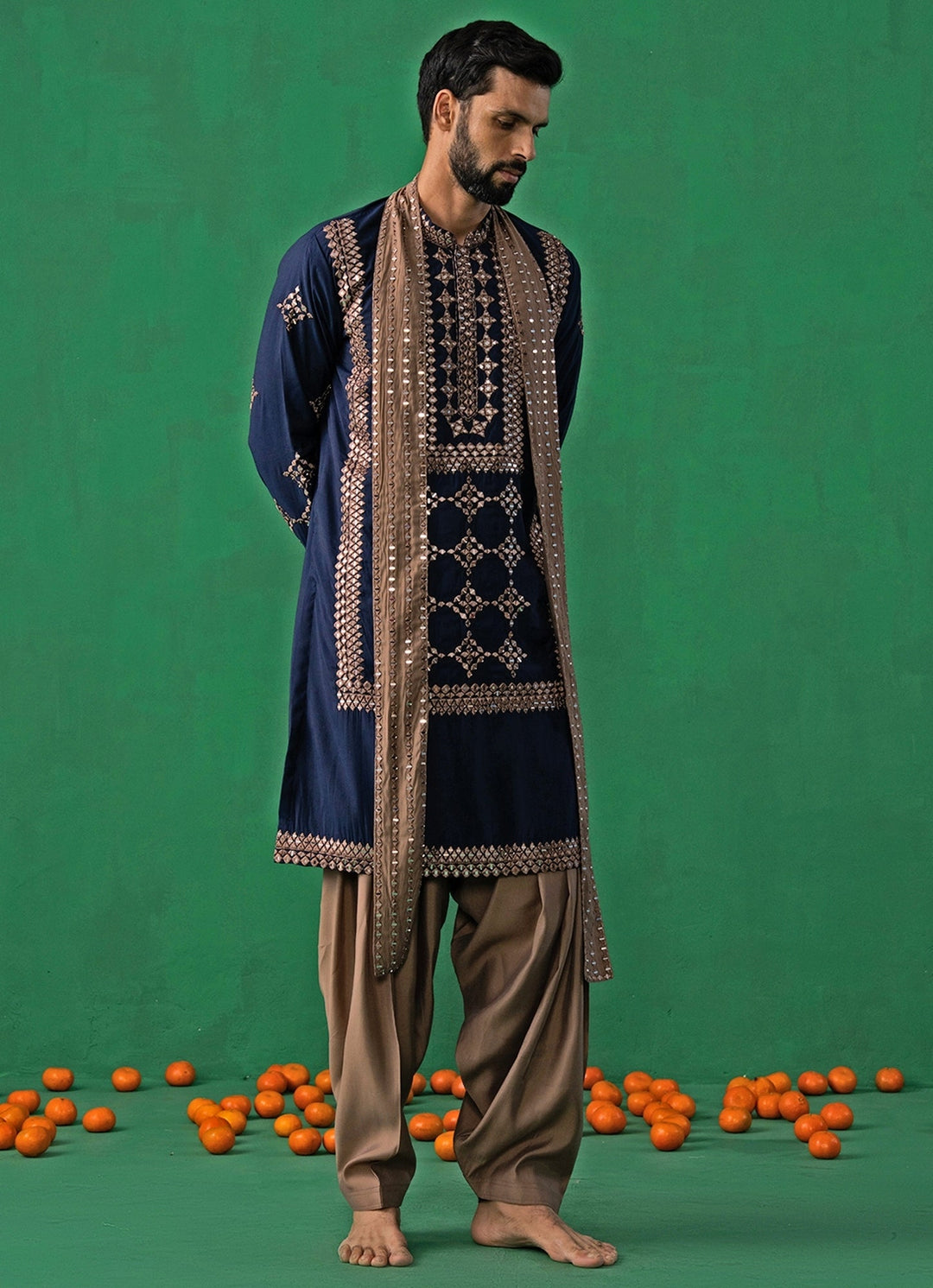 Navy Blue Mirror Embroidered Silk Kurta Set Kalpraag - Fabilicious Fashion