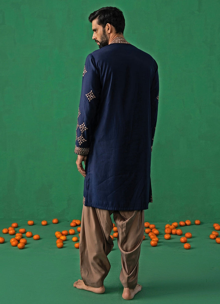 Navy Blue Mirror Embroidered Silk Kurta Set Kalpraag - Fabilicious Fashion