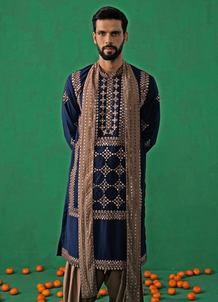 Navy Blue Mirror Embroidered Silk Kurta Set Kalpraag - Fabilicious Fashion
