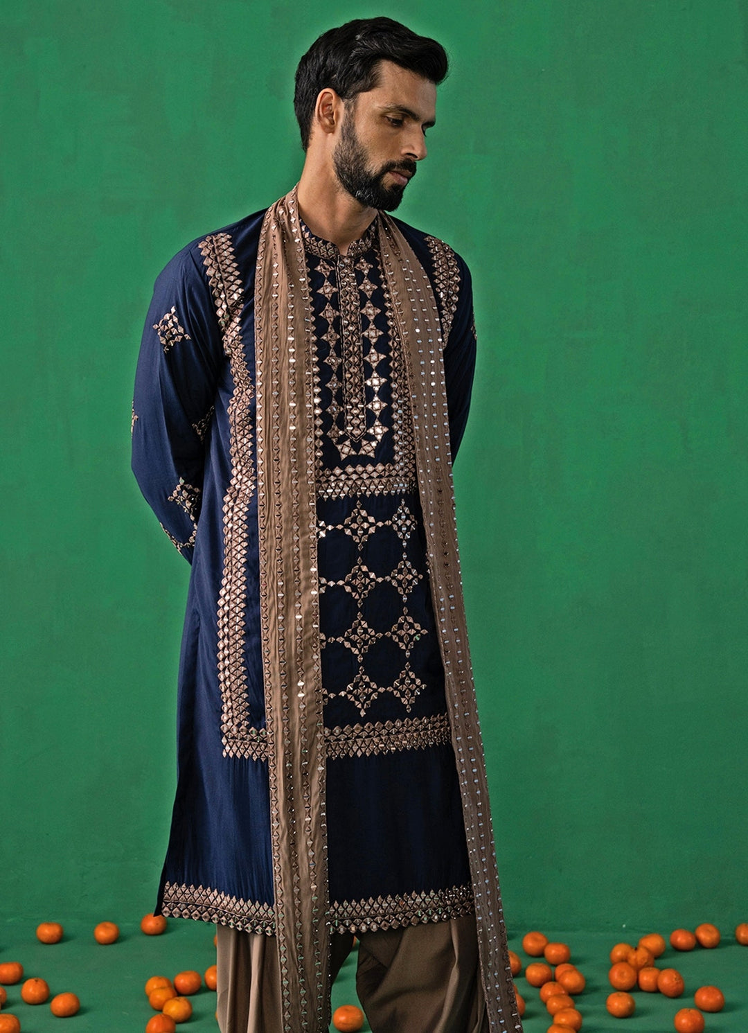 Navy Blue Mirror Embroidered Silk Kurta Set Kalpraag - Fabilicious Fashion