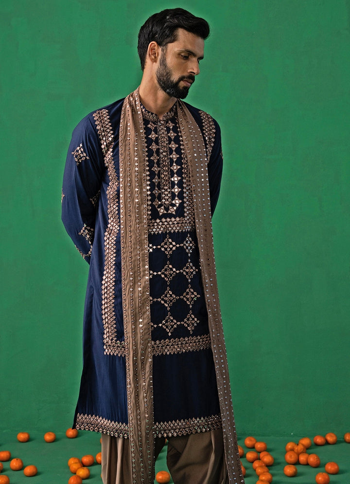 Navy Blue Mirror Embroidered Silk Kurta Set Kalpraag - Fabilicious Fashion
