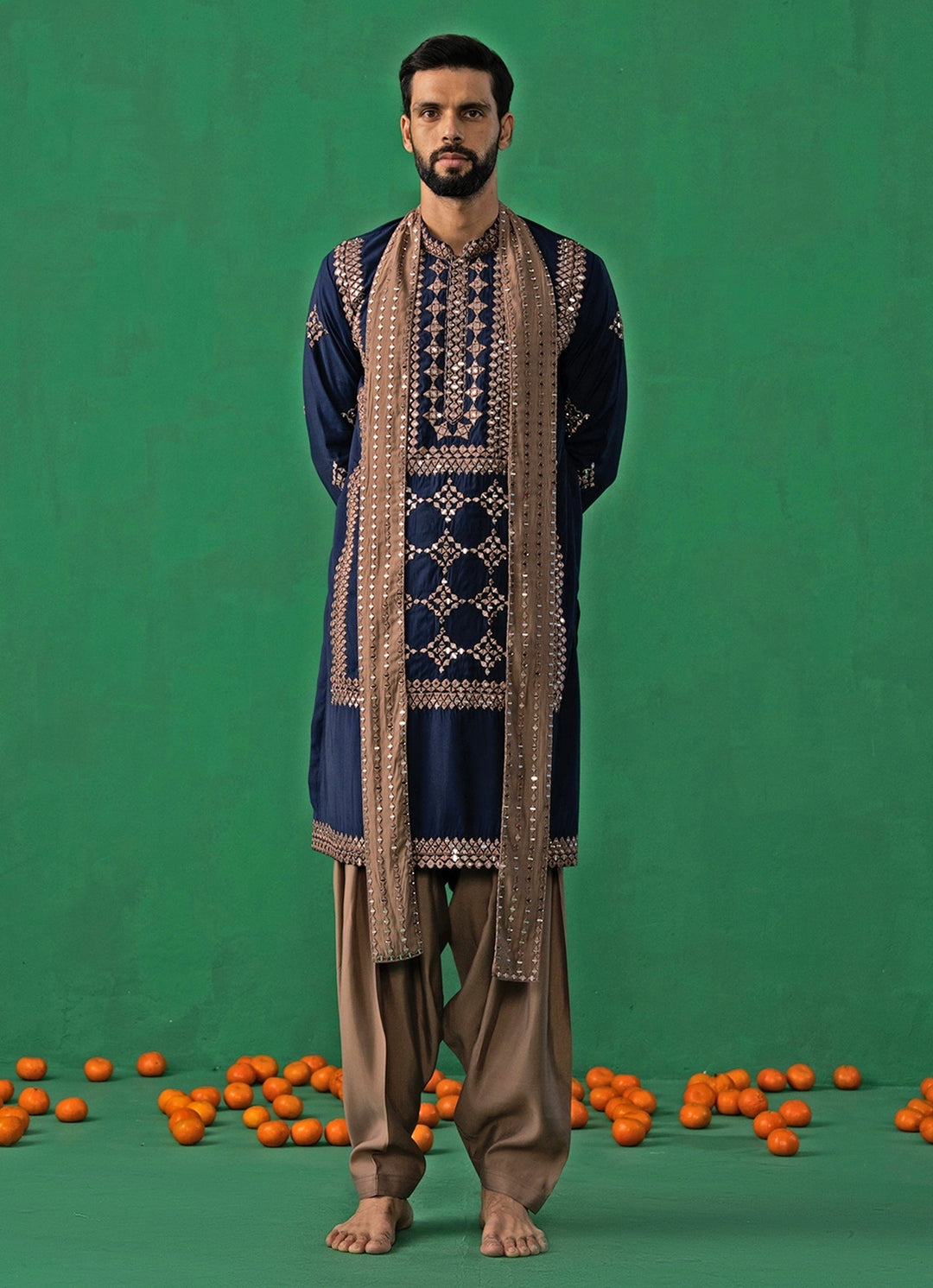 Navy Blue Mirror Embroidered Silk Kurta Set Kalpraag - Fabilicious Fashion