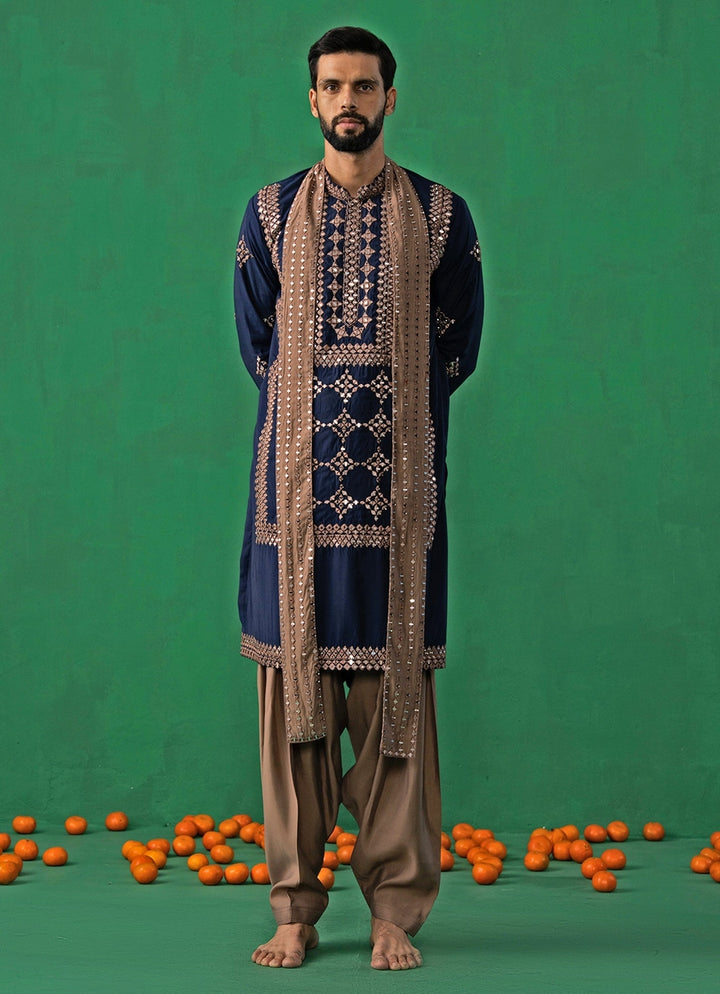 Navy Blue Mirror Embroidered Silk Kurta Set Kalpraag - Fabilicious Fashion