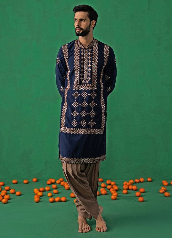 Navy Blue Mirror Embroidered Silk Kurta Set Kalpraag - Fabilicious Fashion