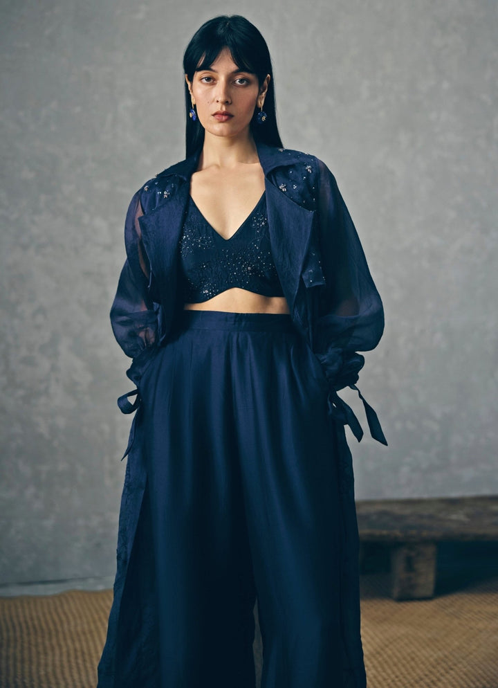 Paulmi and Harsh X Ease Navy Blue Organza Jacket Pants SetFabilicious Fashion