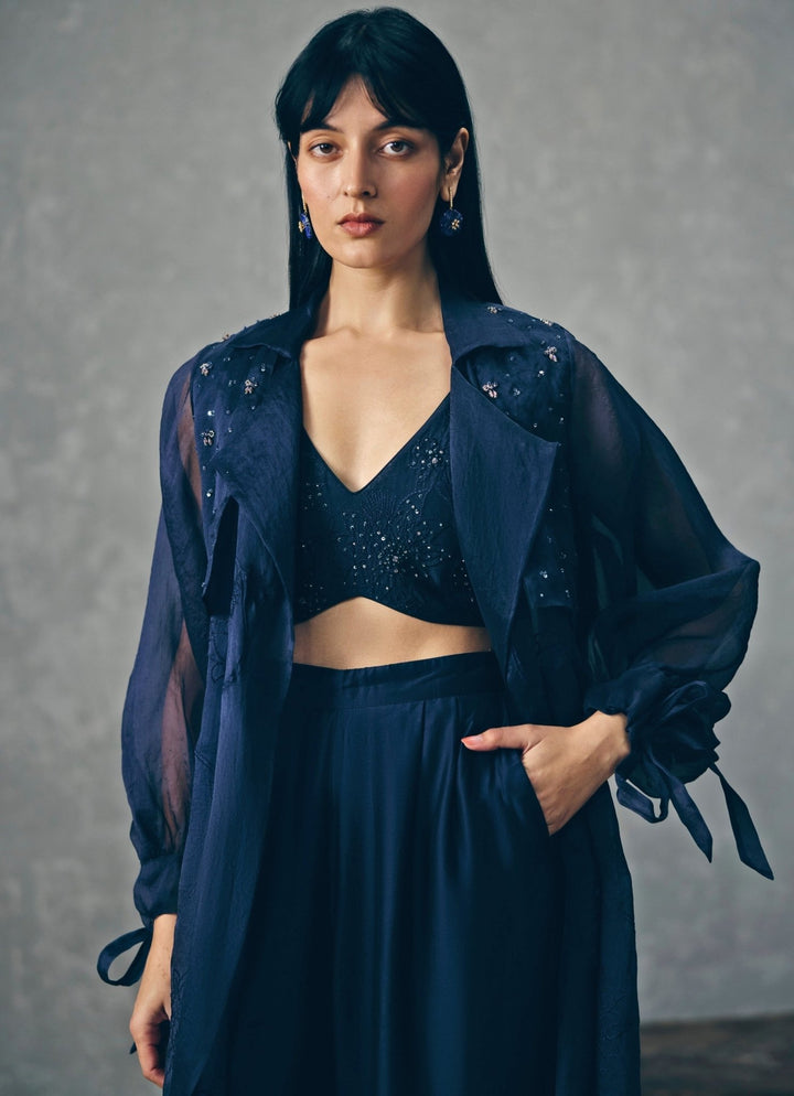 Paulmi and Harsh X Ease Navy Blue Organza Jacket Pants SetFabilicious Fashion