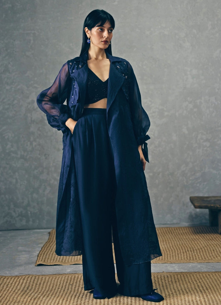 Paulmi and Harsh X Ease Navy Blue Organza Jacket Pants SetFabilicious Fashion