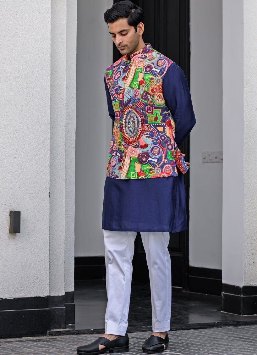 Navy Blue Organza Kurta Pant Set with Printed Bundi Juhi Bengani - Men - Fabilicious Fashion