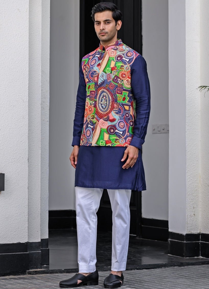 Navy Blue Organza Kurta Pant Set with Printed Bundi Juhi Bengani - Men - Fabilicious Fashion