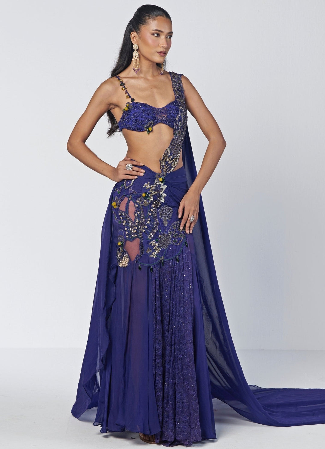 Rishi and Vibhuti Navy Blue Organza Pre-Draped Concept SareeFabilicious Fashion