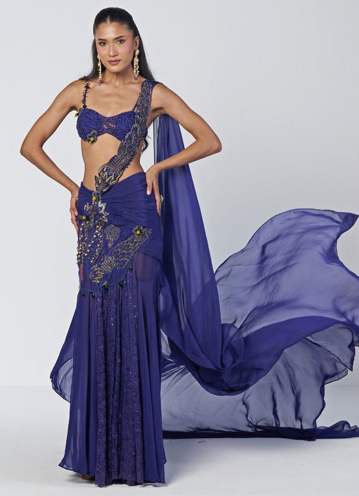 Rishi and Vibhuti Navy Blue Organza Pre-Draped Concept SareeFabilicious Fashion