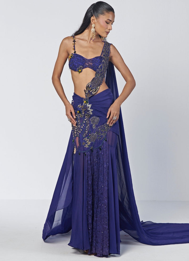 Rishi and Vibhuti Navy Blue Organza Pre-Draped Concept SareeFabilicious Fashion