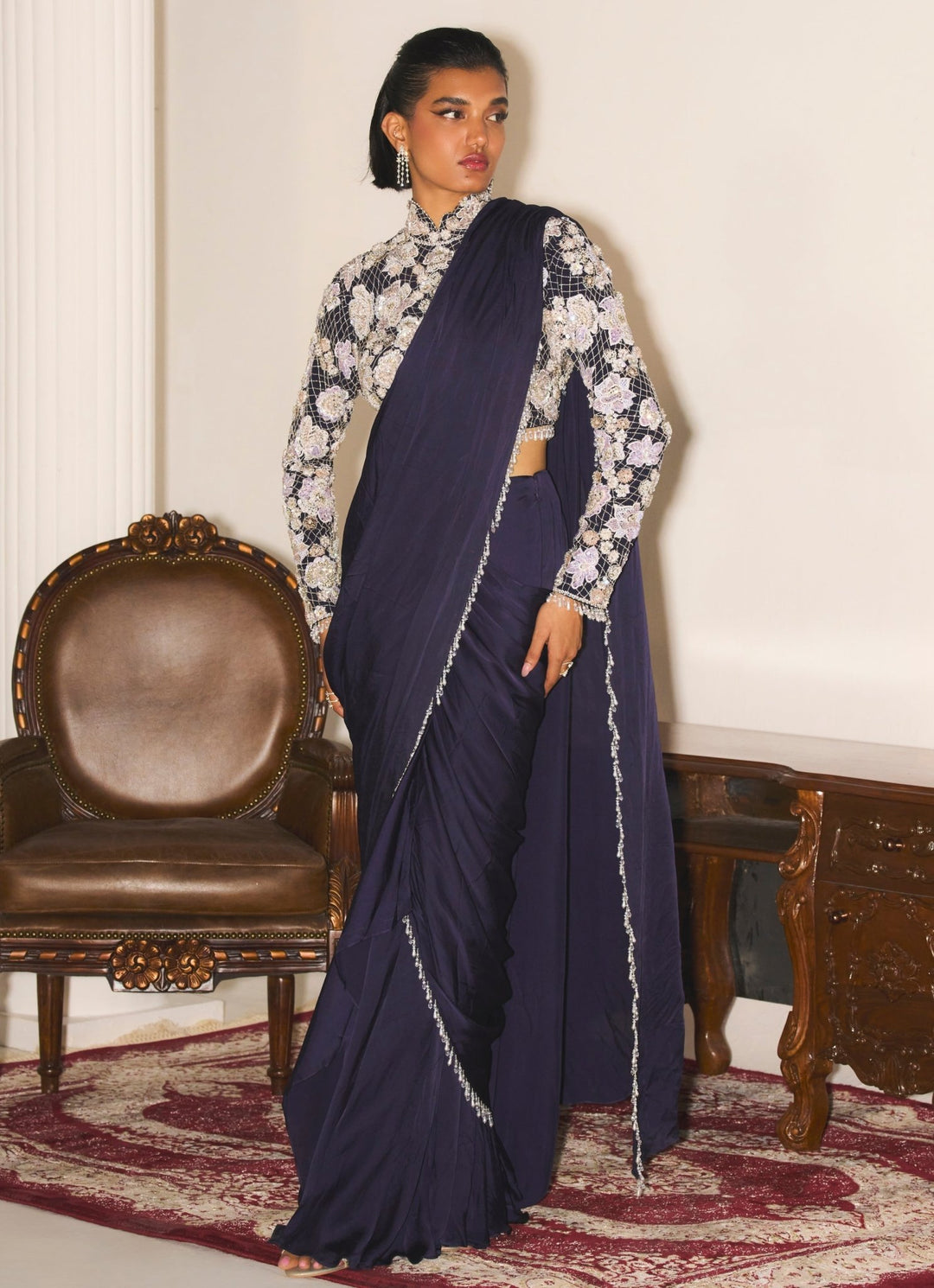 Navy Blue Pre Draped Satin Saree With Embroidered Blouse Mani Bhatia - Fabilicious Fashion