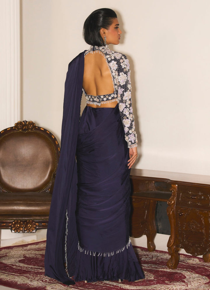 Navy Blue Pre Draped Satin Saree With Embroidered Blouse Mani Bhatia - Fabilicious Fashion