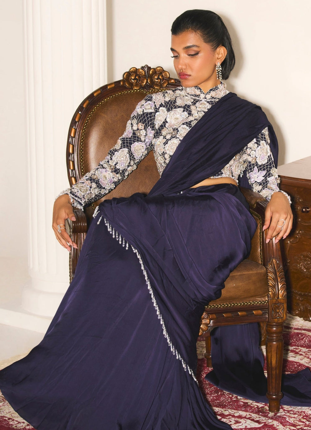 Navy Blue Pre Draped Satin Saree With Embroidered Blouse Mani Bhatia - Fabilicious Fashion