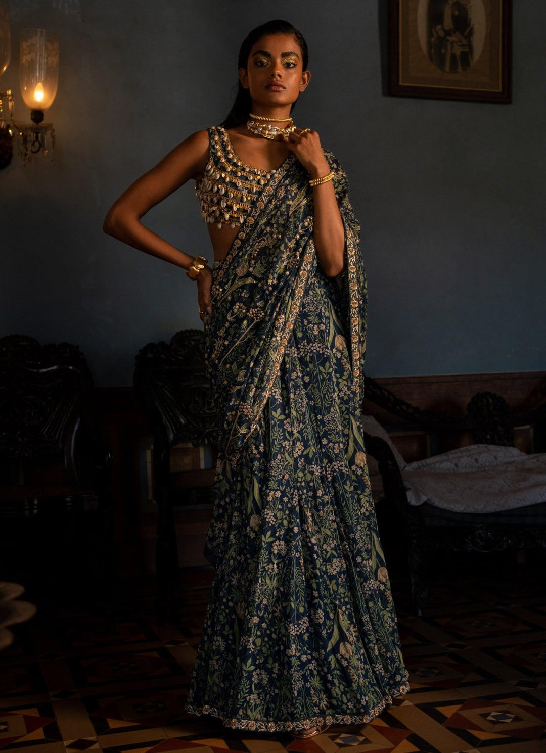 Navy Blue Predraped Georgette Saree Paulmi and Harsh - Fabilicious Fashion