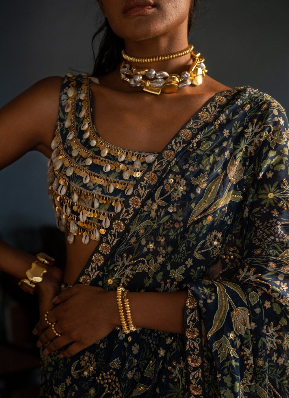Navy Blue Predraped Georgette Saree Paulmi and Harsh - Fabilicious Fashion