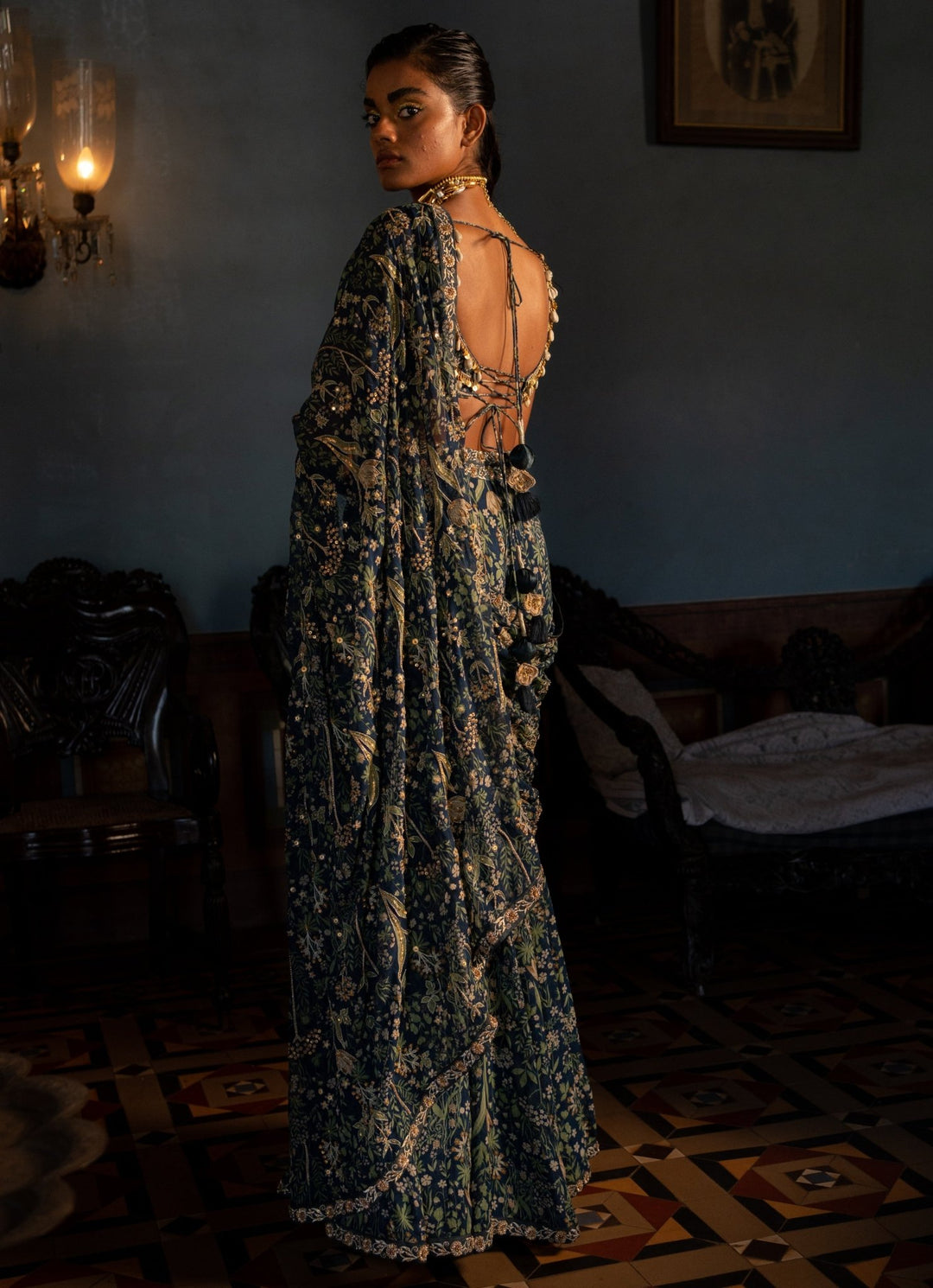 Navy Blue Predraped Georgette Saree Paulmi and Harsh - Fabilicious Fashion