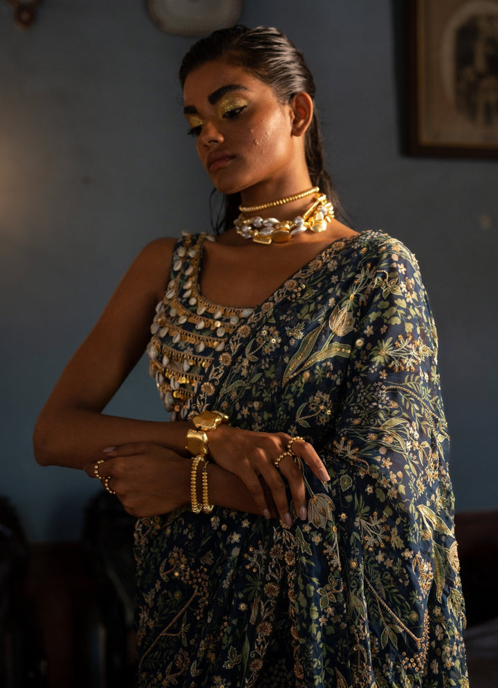 Navy Blue Predraped Georgette Saree Paulmi and Harsh - Fabilicious Fashion