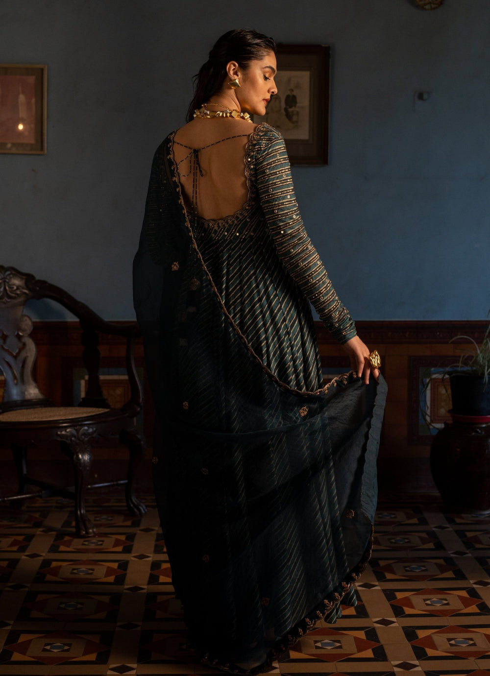 Navy Blue Printed Anarkali Set Paulmi and Harsh - Fabilicious Fashion