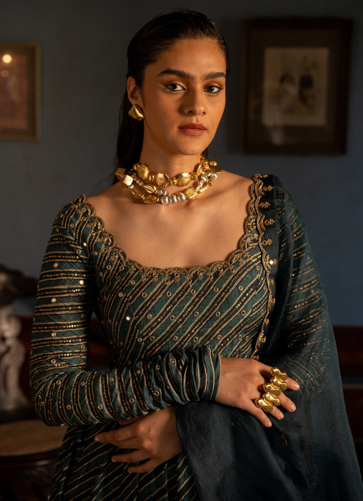 Navy Blue Printed Anarkali Set Paulmi and Harsh - Fabilicious Fashion