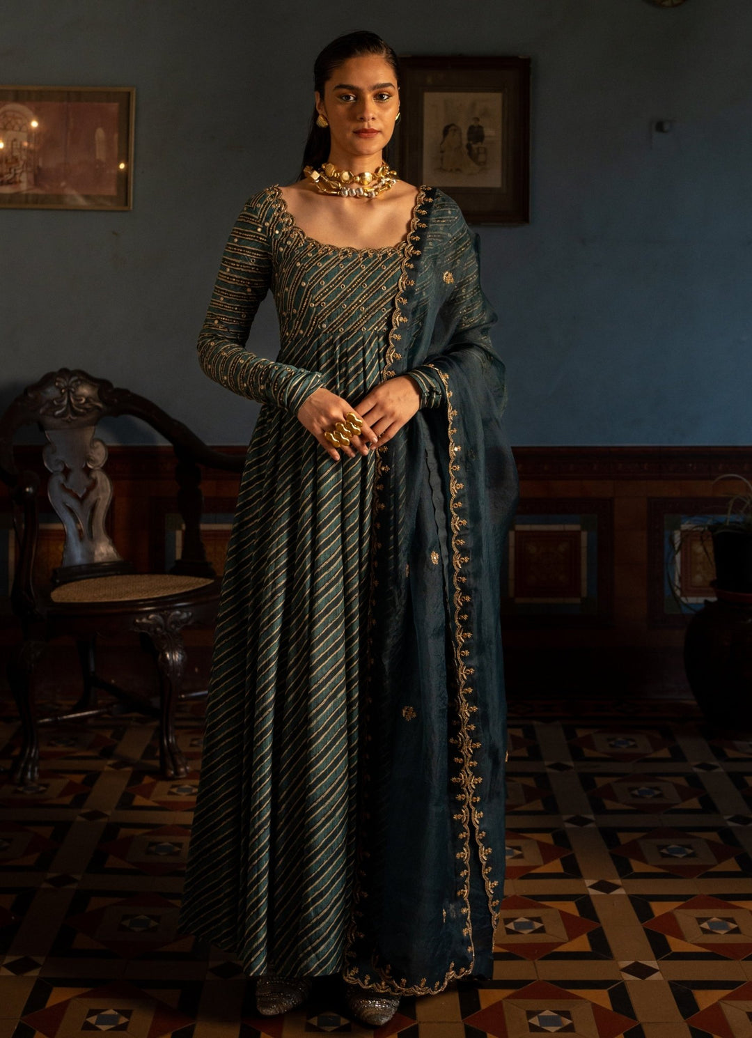 Navy Blue Printed Anarkali Set Paulmi and Harsh - Fabilicious Fashion