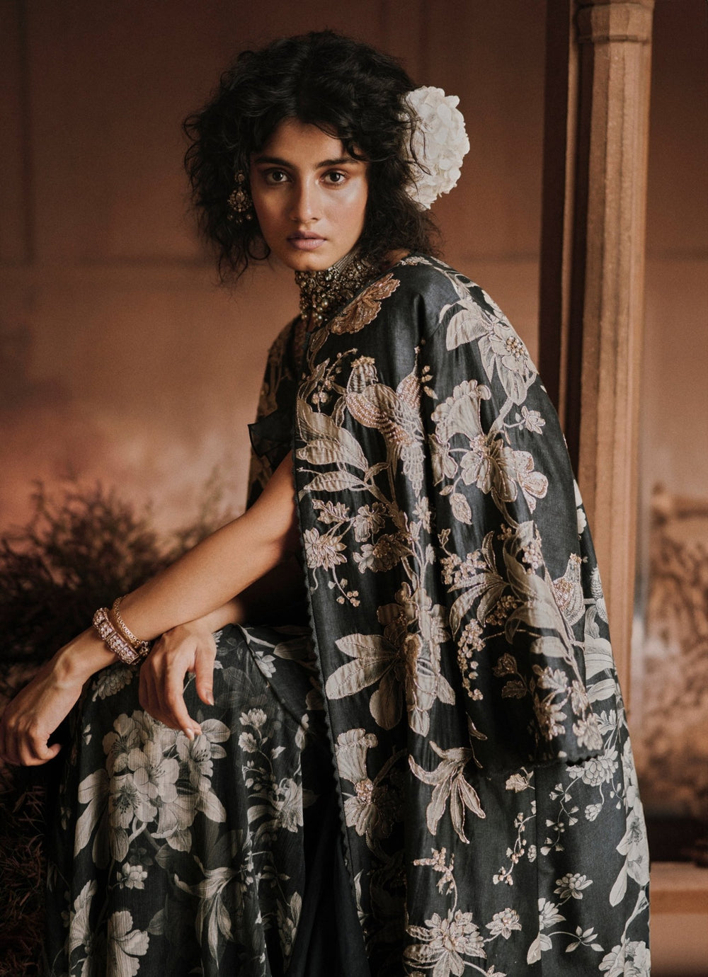 Navy Blue Printed Chiffon Predraped Saree Paulmi and Harsh - Fabilicious Fashion