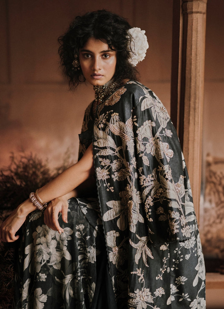 Navy Blue Printed Chiffon Predraped Saree Paulmi and Harsh - Fabilicious Fashion