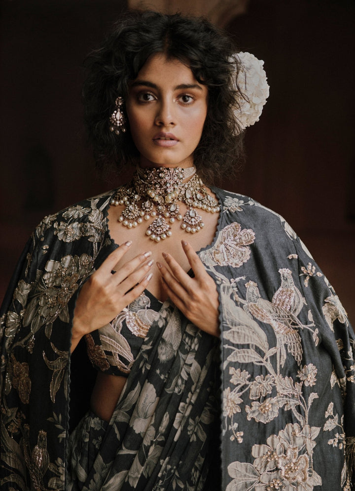 Navy Blue Printed Chiffon Predraped Saree Paulmi and Harsh - Fabilicious Fashion