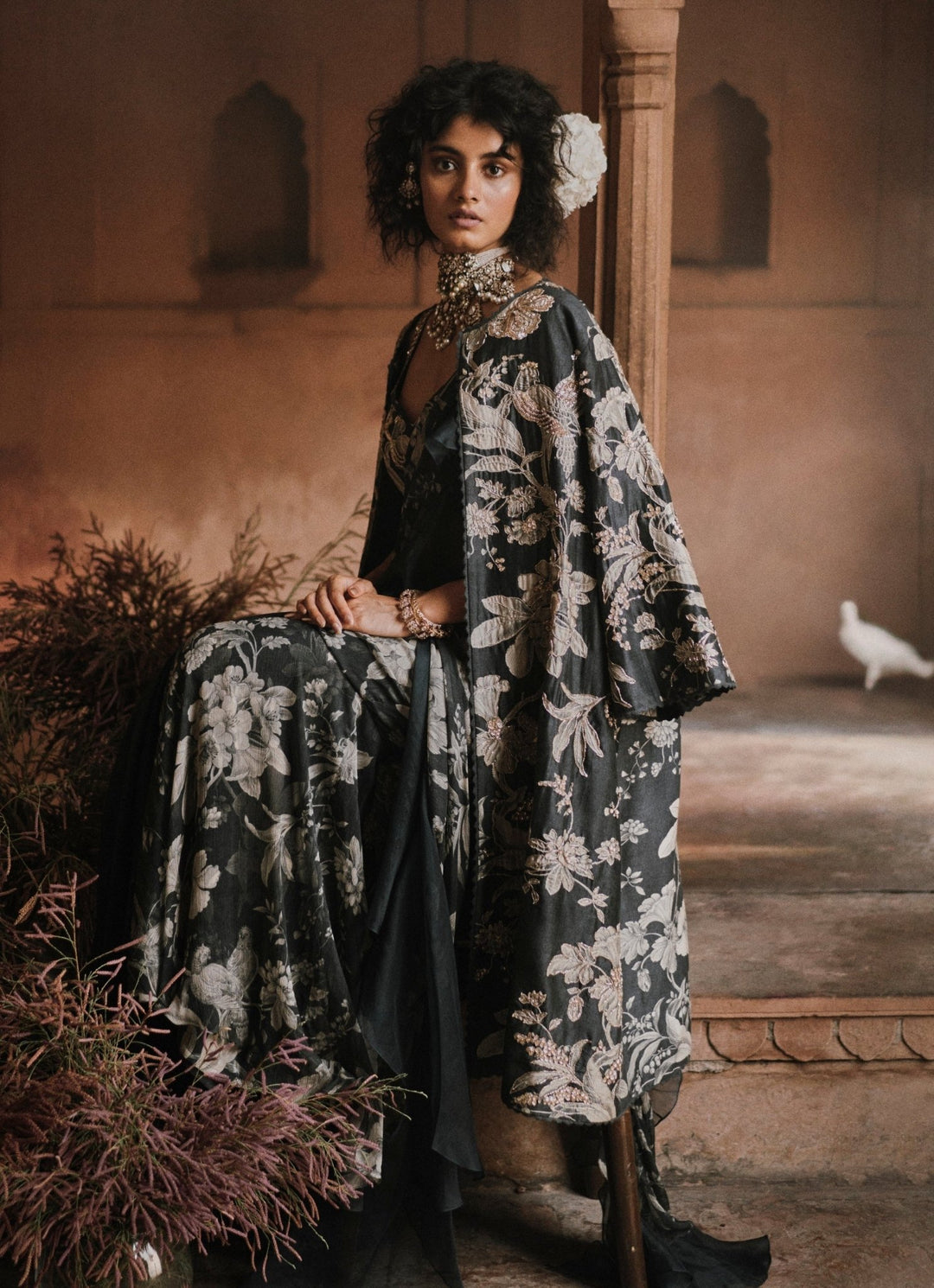 Navy Blue Printed Chiffon Predraped Saree Paulmi and Harsh - Fabilicious Fashion