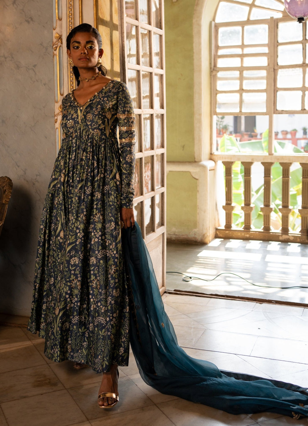 Navy Blue Printed Cotton Silk Anarkali Set Paulmi and Harsh - Fabilicious Fashion