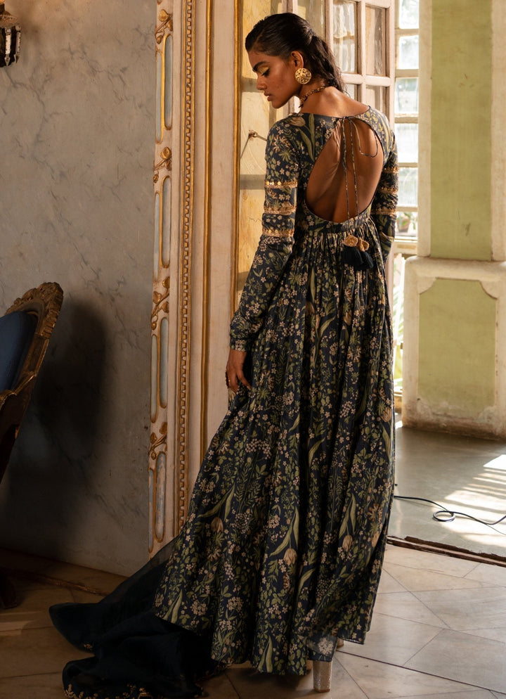 Navy Blue Printed Cotton Silk Anarkali Set Paulmi and Harsh - Fabilicious Fashion