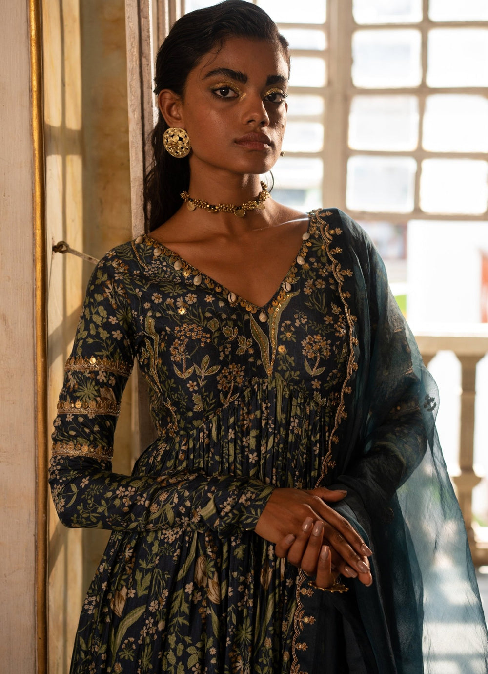 Navy Blue Printed Cotton Silk Anarkali Set Paulmi and Harsh - Fabilicious Fashion