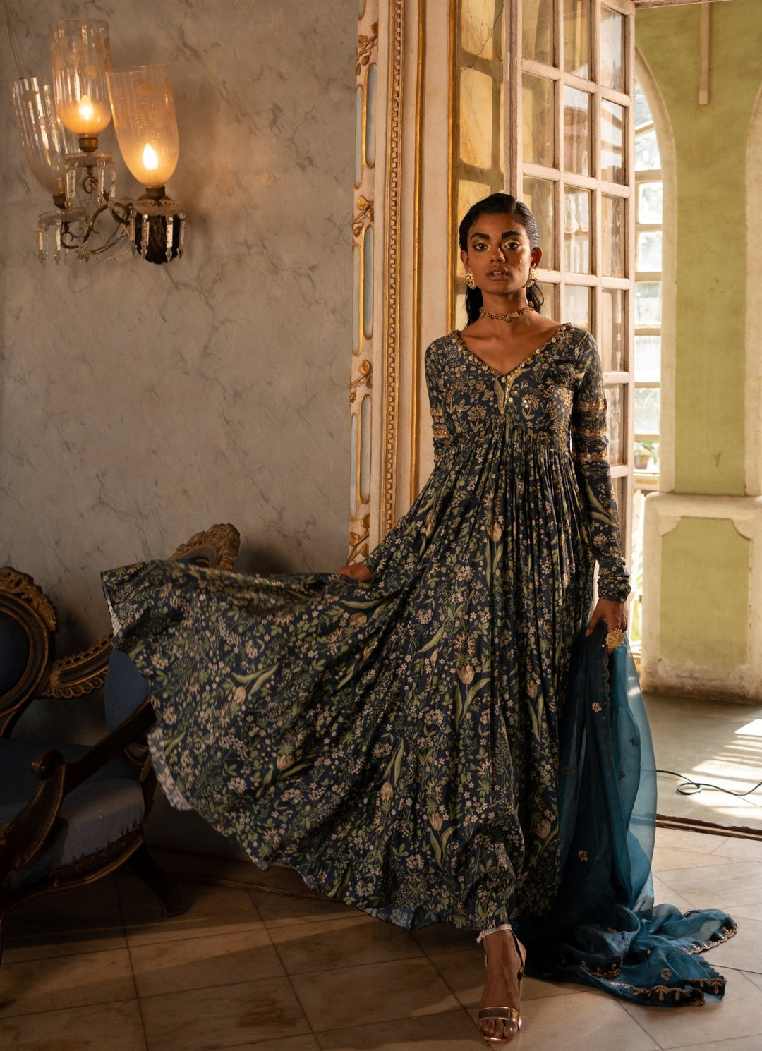 Navy Blue Printed Cotton Silk Anarkali Set Paulmi and Harsh - Fabilicious Fashion