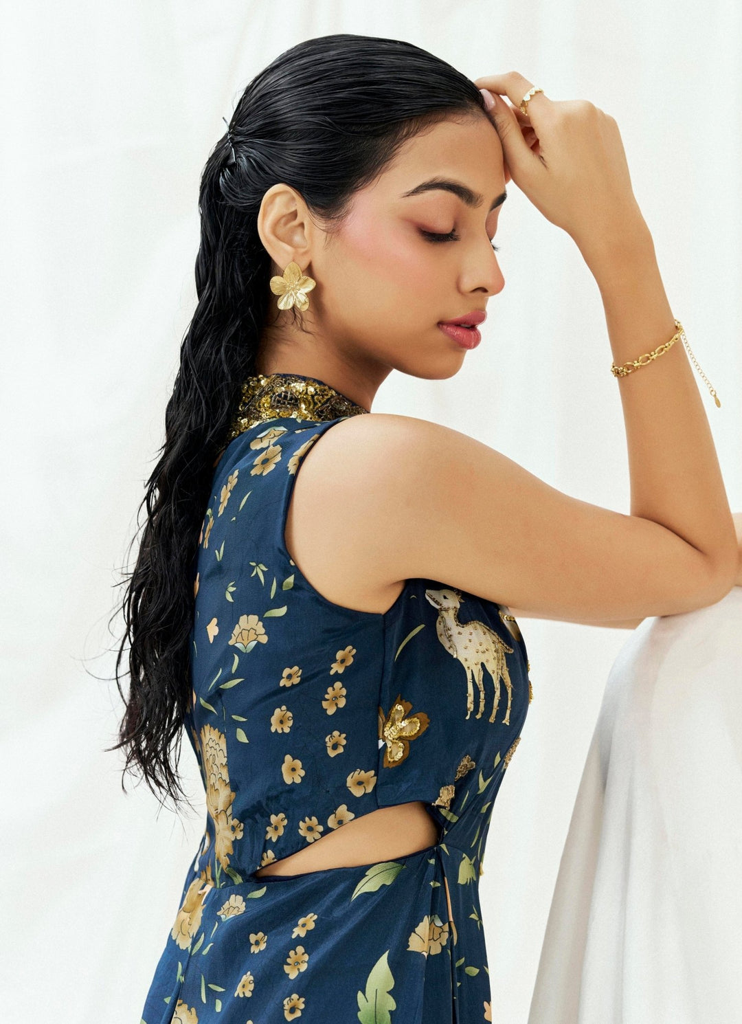 Navy Blue Printed Crepe Jumpsuit Redpine - Fabilicious Fashion