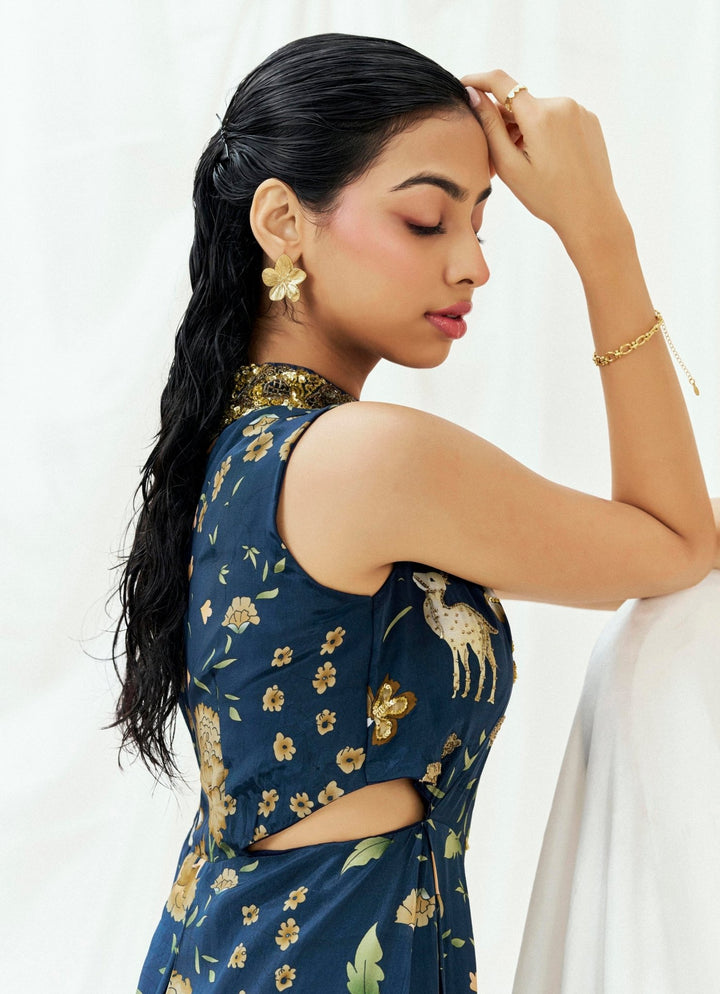 Navy Blue Printed Crepe Jumpsuit Redpine - Fabilicious Fashion